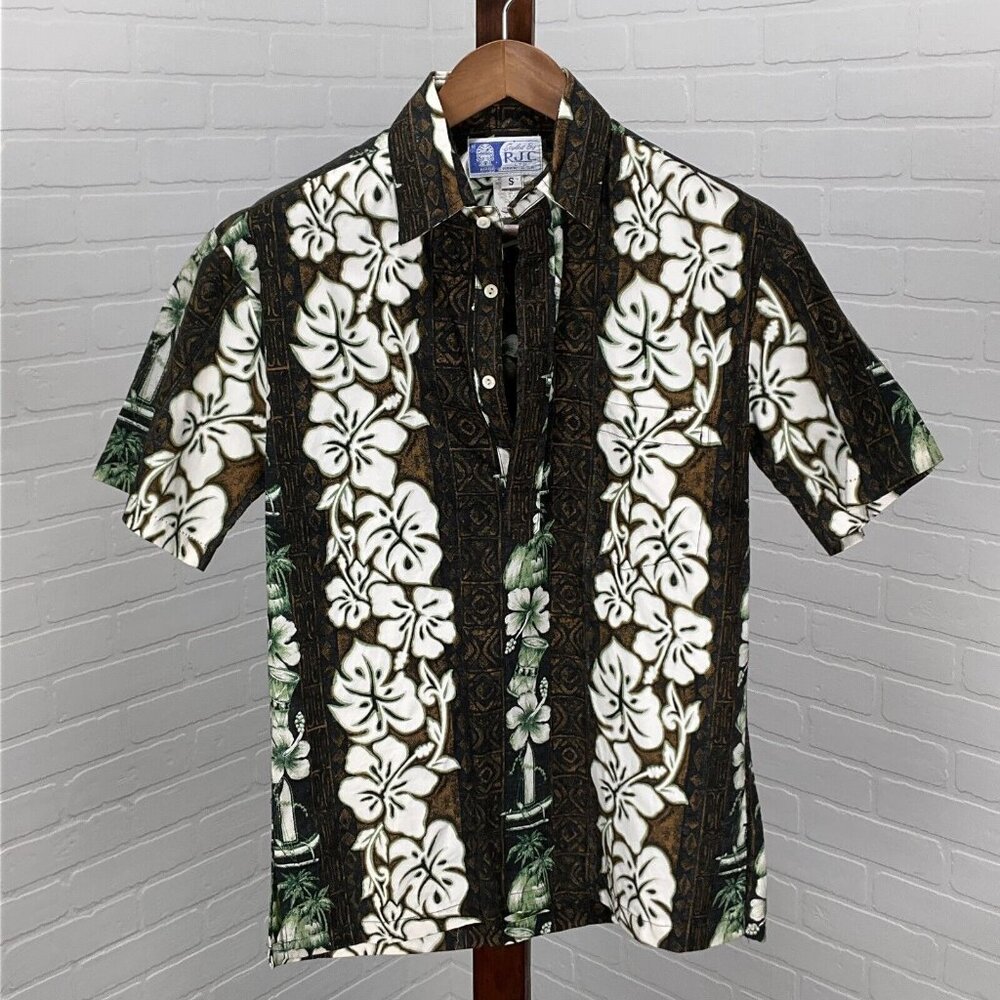 RJC Shirt‎ Mens Small Brown Green Floral Tropical Tiki Aloha Cotton Hawaiian USA